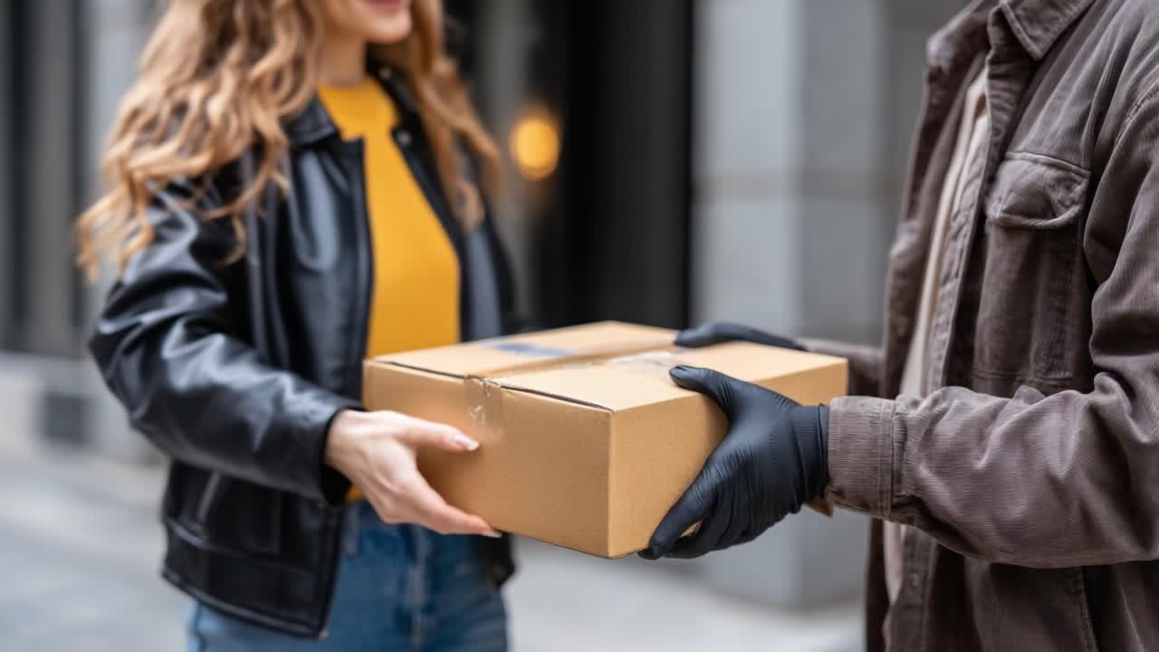 Delivery Encounter: A Woman Receives a Package with Excitement in a Stylish Urban Setting, Highlighting the Joy of Shopping and Connection in a Modern World