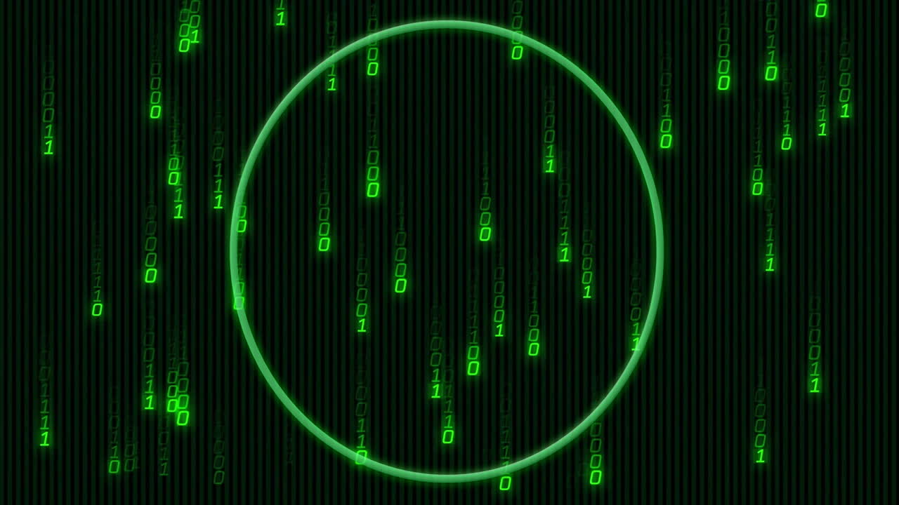 Animation of green binary code and glowing circle on digital matrix background