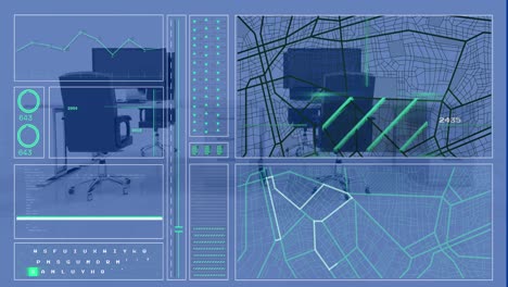 Animation-of-interface-with-data-processing-over-3d-office-desks-model-against-blue-background