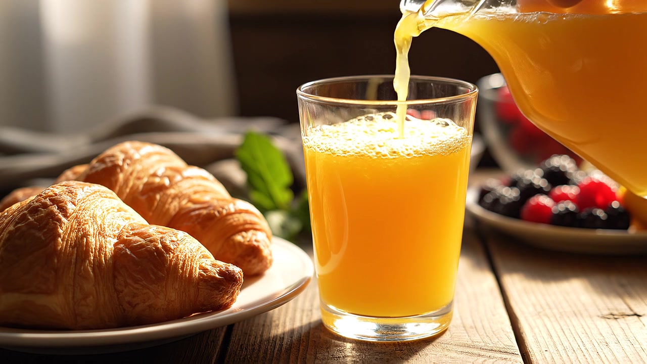Frisch gepressten Orangensaft neben goldenen Croissants zum Frühstück eingießen