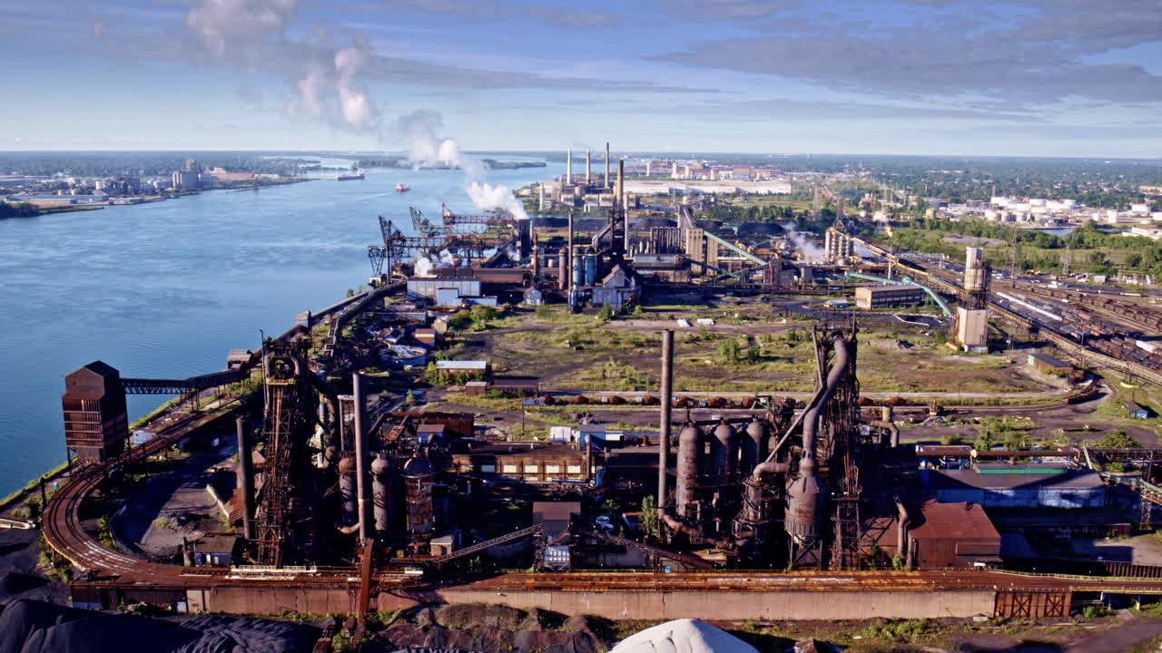 Drone footage circling majestically around the international U.S.–Canada bridge