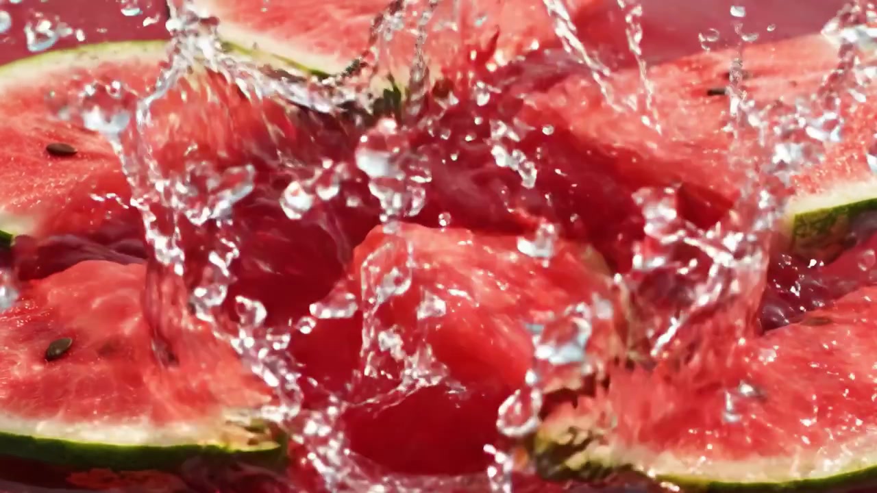 Levende vannmelonskiver flytende i juice: En vakker fremvisning av friskhet, farge og saftighet, perfekt for sommersnacks og forfriskende godbiter.
