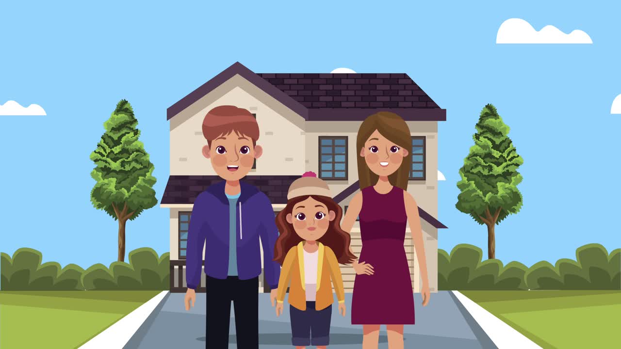 klein meisje met ouders paar personages animatie