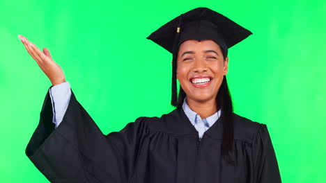 Graduation,-presentation-and-woman-on-green-screen