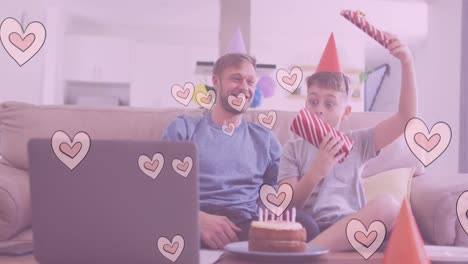 animation of heart icons over caucasian father with son opening gifts