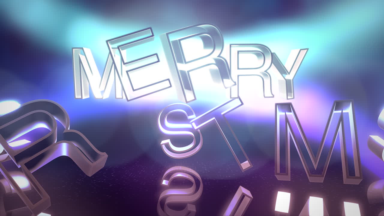 texto de animación feliz navidad y luces azules de neón en el escenario fondo de vacaciones abstracto