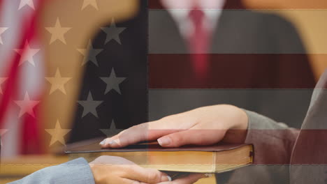 animation of woman holding her hand on bible moving over american flag