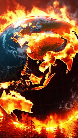 A fire is burning in a forest and the sky is orange. The fire is so big that it is almost touching the earth