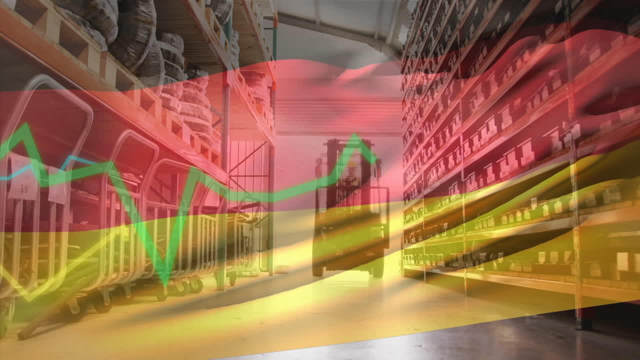 animación de diagrama rojo, procesamiento de datos y bandera de alemania sobre el almacén
