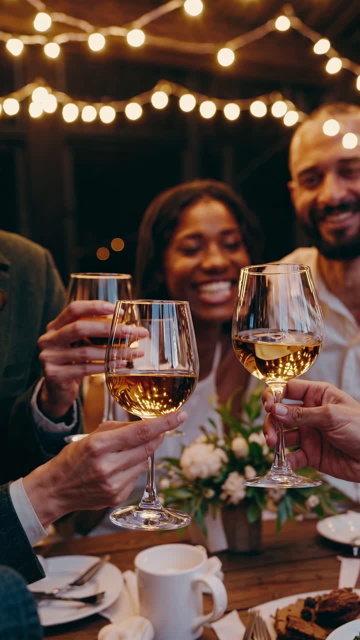 Video captures a warm, celebratory scene with friends toasting wine glasses under string lights