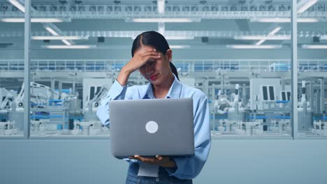 una trabajadora profesional asiática de pie con su portátil en la fábrica de digitalización para un proyecto innovador, está asintiendo con la cabeza con decepción