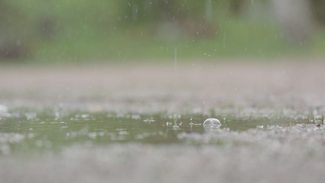 SLOW MOTION, CLOSEUP - Heavy rain droplets falling into a puddle