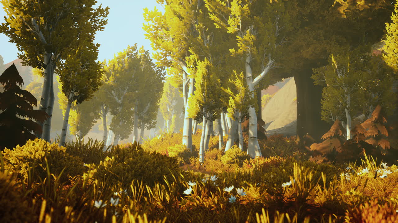 안개가 많은 아침에 만화의 해가 뜨는 것