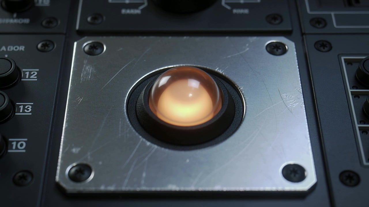 Glowing amber dome changing glow during focus shift on brushed plate with screws labeled modules