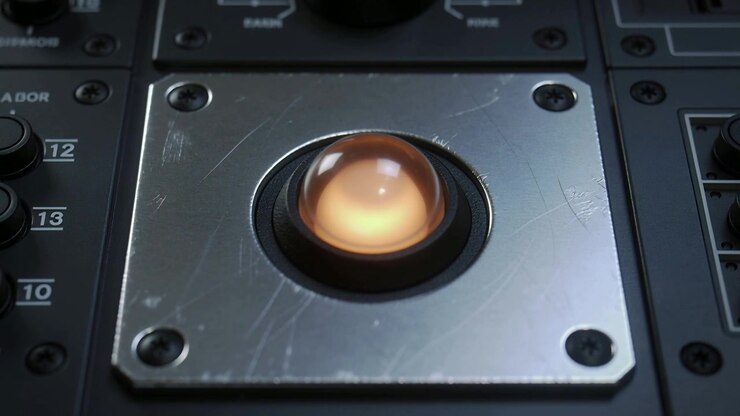 Glowing amber dome changing glow during focus shift on brushed plate with screws labeled modules