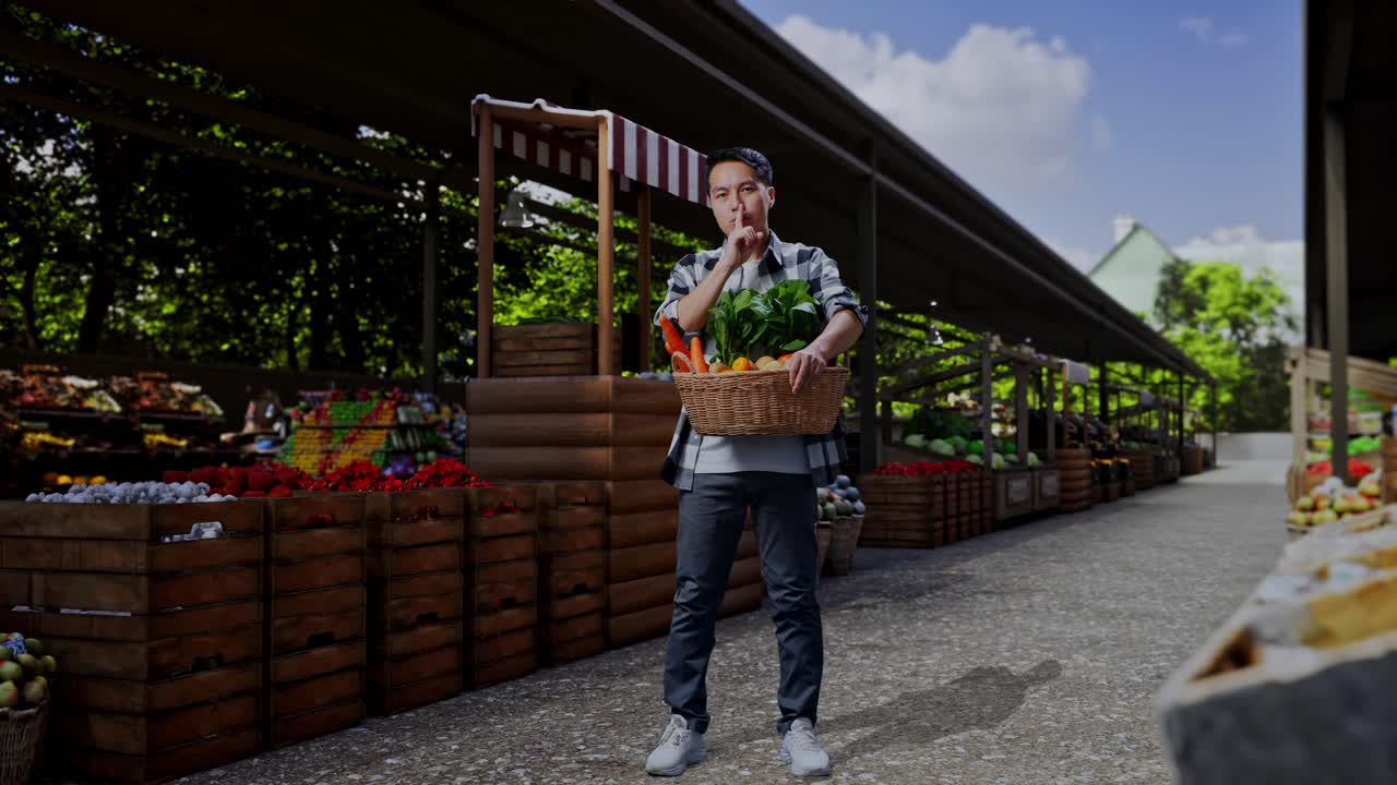 Figura intera di un contadino asiatico con un cesto di verdure che indica di fare silenzio in un mercato agricolo