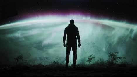 man contemplating the aurora borealis