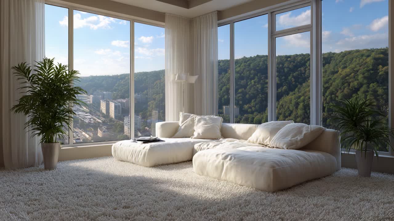 A Bright and Serene Living Space with Expansive Windows Showcasing Scenic Outdoor Views Surrounded by Lush Greenery and Modern Comforts