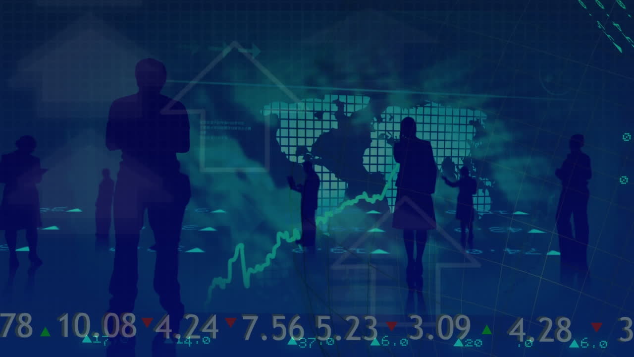 Animation of data processing over business people and world map