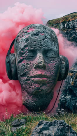 ancient stone heads wearing headphones on an island generative art