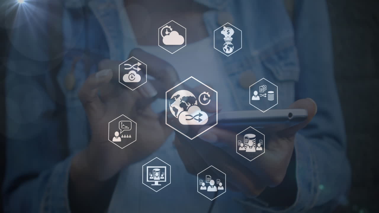 animación de la red de conexiones sobre la mujer usando teléfono inteligente