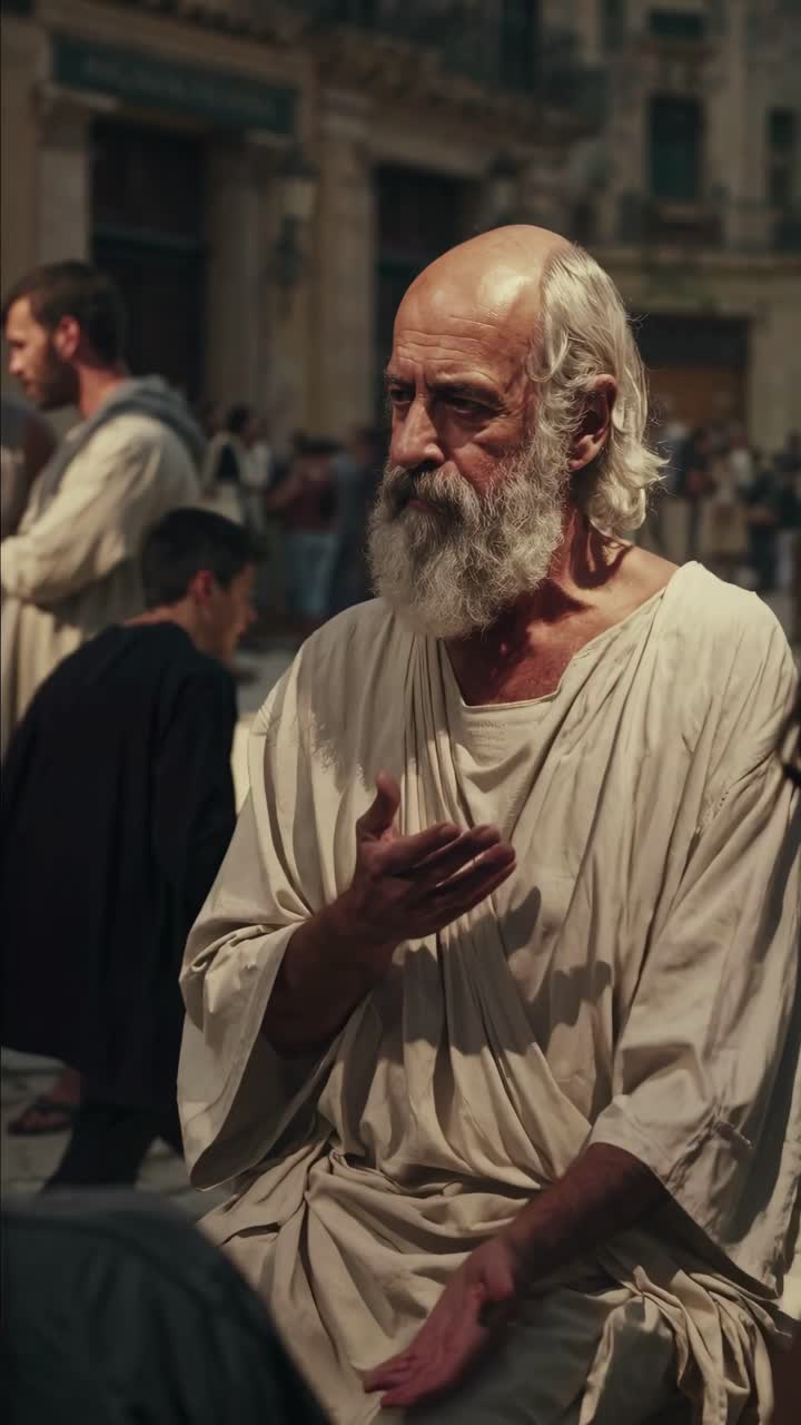 A cinematic video still shows an elderly man in ancient attire, engaged in conversation