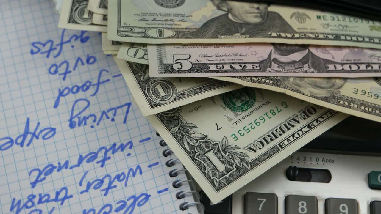 Pianificatore di budget mensile, dollari e calcolatrice.