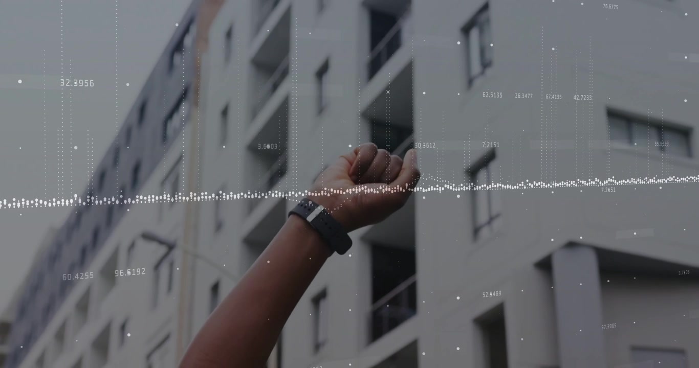 Vertical video: Entering, right arm with dark tee rising up building, waveform and band, copy space