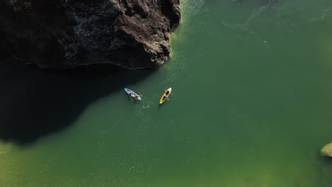 exotic-aerial-view,-tourist-location-of-the-Oyo-Kedung-Jati-valley-canoeing-on-the-Oyo-river,-Bantul-Indonesia