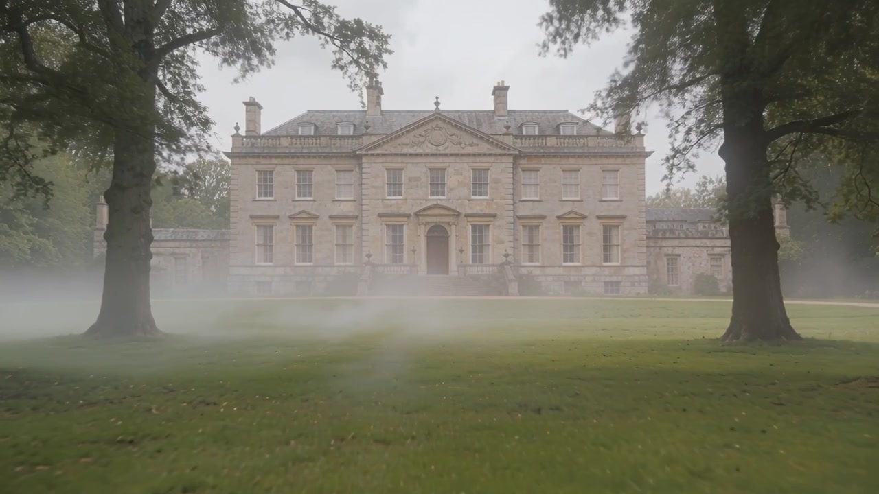 Approaching camera pushing toward stone manor over misty lawn, trees framing, revealing portico