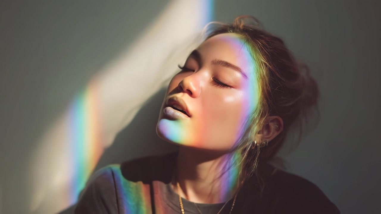 Giovane donna con rifrazione di luce arcobaleno sul viso