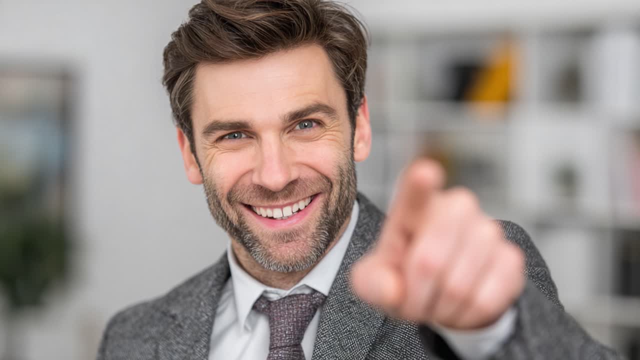 A Confident Man in Formal Attire Smiling and Pointing Playfully, Radiating Positivity and Assurance in a Bright, Modern Indoor Space