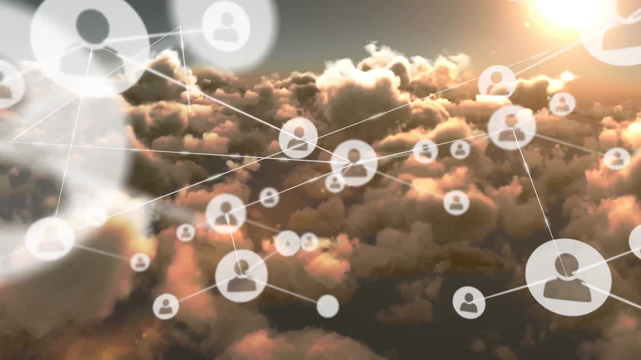 구름과 하늘 위의 아이콘으로 연결 네트워크의 애니메이션