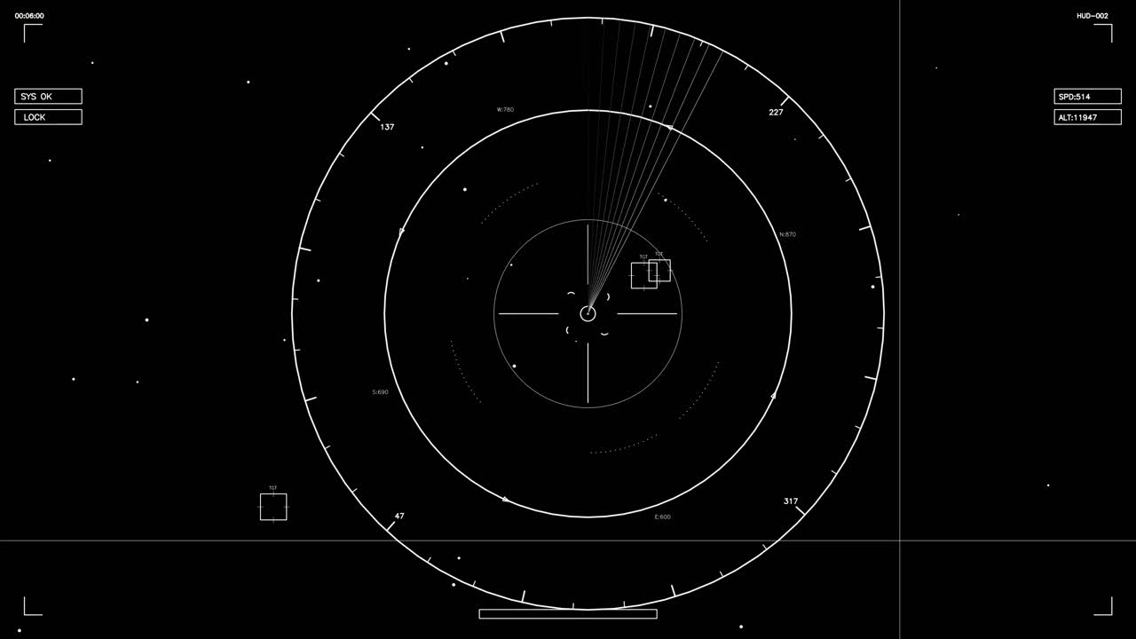 Visuelt vises en scifi HUD-elementanimation designet til videoskabere og webdesignere. Den har en cirkulær skærm med datapunkter og linjer, der indikerer en digital grænseflade.