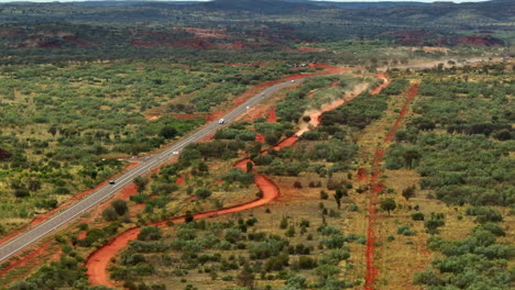 Aerial-Drone-View-Of-Australian-Outback-With-Red-Dirt-Tracks-Used-For-Racing,-4K-Telephoto