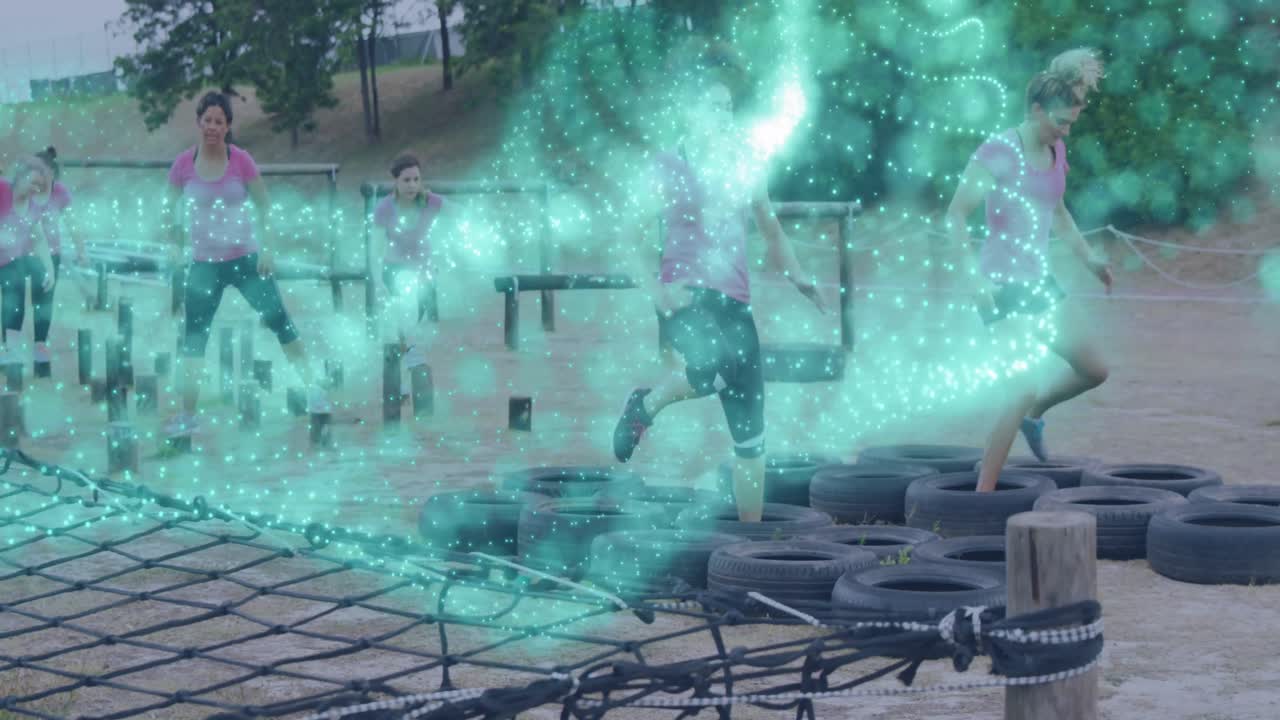 장애물 코스 달리기에서 다양한 여성에 대한  반점의 애니메이션