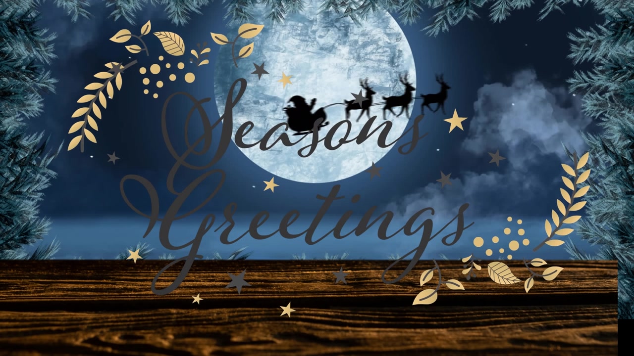 Biglietto d'auguri animato con Babbo Natale che vola attraverso una luna piena