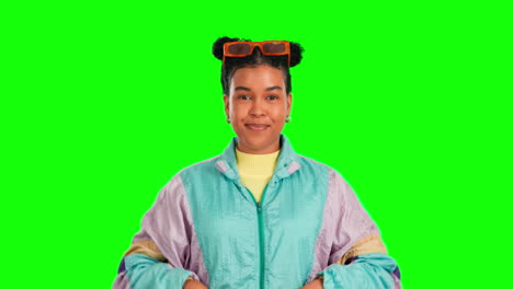 woman in retro style jacket pointing upward