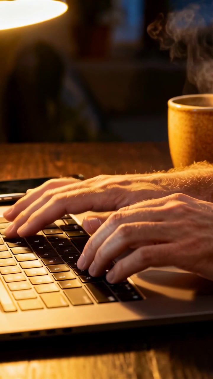 Volwassen man legt handen op toetsenbord, typt op laptop in thuiskantoor, met dampende mok voor werk.