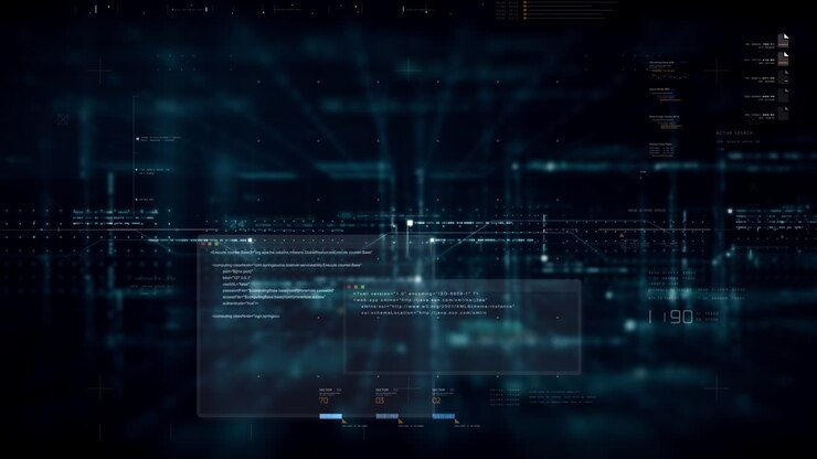 Futuristic data matrix, telemetry and encrypt numbers simulation display for head up display in cyber space abstract de-focus environment background