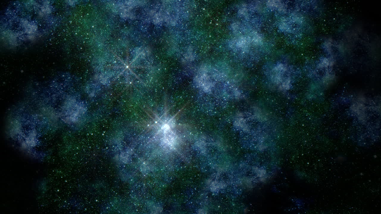 Campo stellare dello spazio profondo con nebulose blu-verdi, filmato di sfondo cosmico.