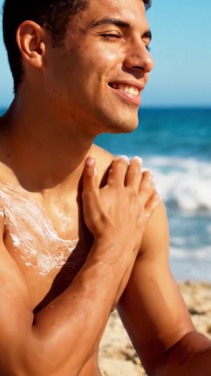 A Young Man Enjoys a Sunny Day at the Beach While Applying Sunscreen for Skin Protection Against Harmful UV Rays and Enhancing His Relaxation Experience