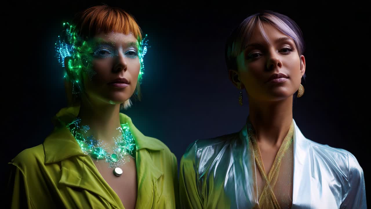 Captivating Fashion Portraits of Two Models with Neon Accessories in a Dark, Dramatic Setting, Showcasing Vibrant Styles and Artistic Expression in Contemporary Photography
