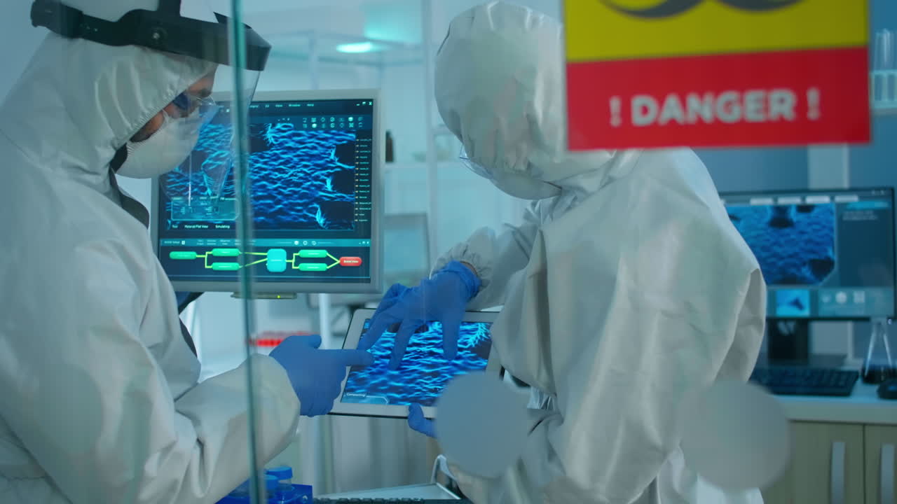 químicos en trajes de abrigo tratando de desarrollar una vacuna usando tabletas de pie detrás de la pared de vidrio