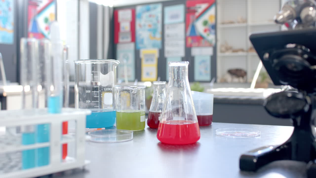A school chemistry lab is bustling with activity