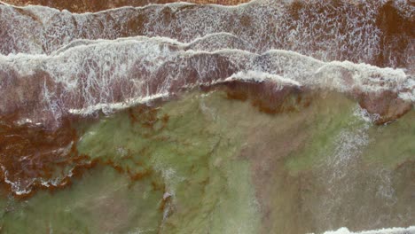 aerial drone top down view of waves breaking on beach shore with orange brown seaweed in water