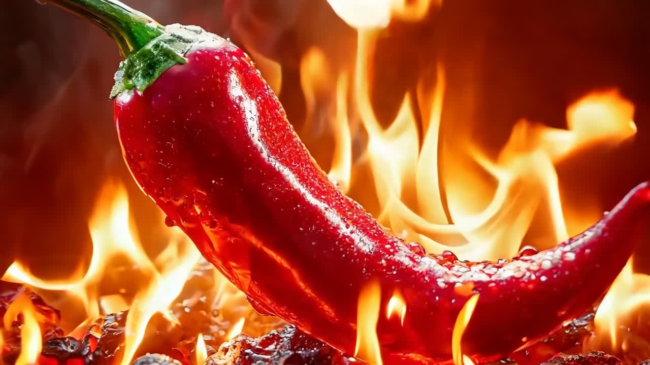 은 뜨거운 칠리 고추가 석탄 어리 위에 앉아 있습니다.