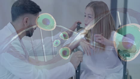 animación de cadena de adn y procesamiento de datos sobre médico masculino biracial con paciente femenina