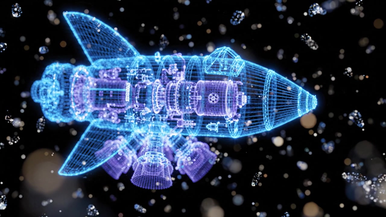 A stunning visual representation of a futuristic rocket, showcasing intricate details in a mesmerizing holographic style against a backdrop of sparkling particles.