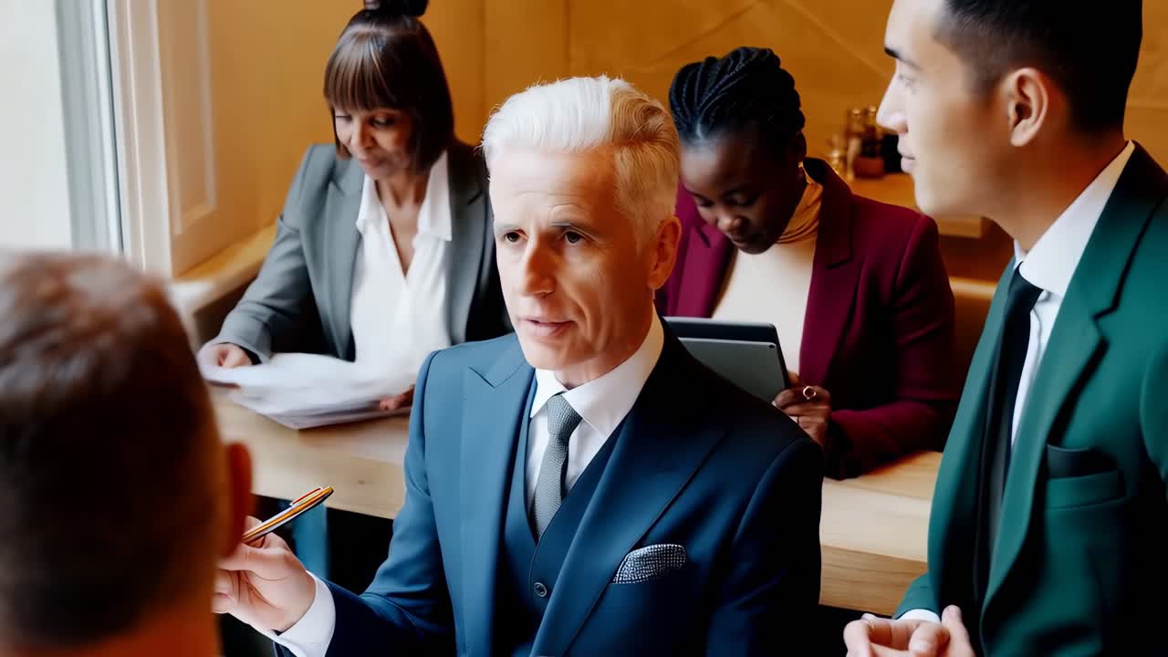 슈트 를 입은 사람 들 의 집단 이 테이블 을 둘러싸고 앉아 있다